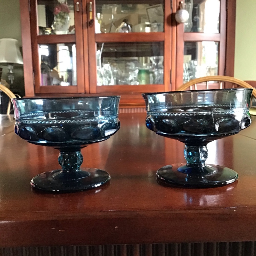 FINAL SALE Vintage Kings Crown Thumbprint Blue Champagne Desert Glasses (2)
